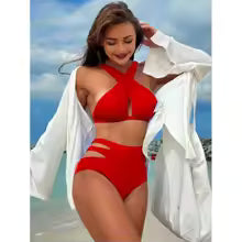 Conjunto de bikini a juego para vacaciones con cuello halter de color sólido y bañador Conjunto de bikini de dos piezas, playa de verano
