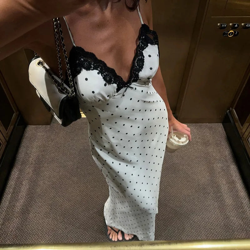 Vestido largo de encaje con cuello en V para mujer