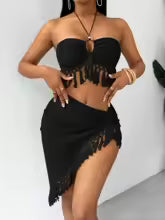 Bikini con borlas para mujer, traje de baño de 2 piezas, trajes de baño para mujer, Top con cuello Halter, falda con abertura larga, conjunto de ropa de playa, trajes de baño