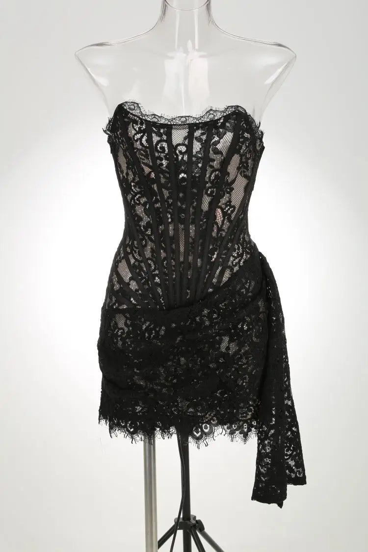 Vestido de noche de encaje sin tirantes para mujer