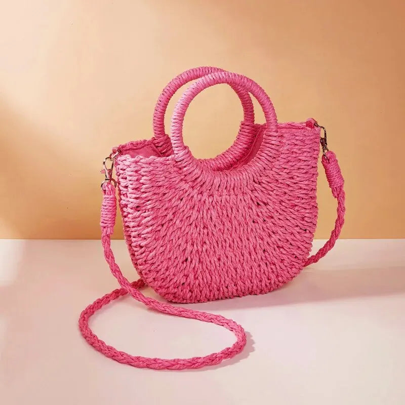 Bolso bandolera de ratán de paja de media luna