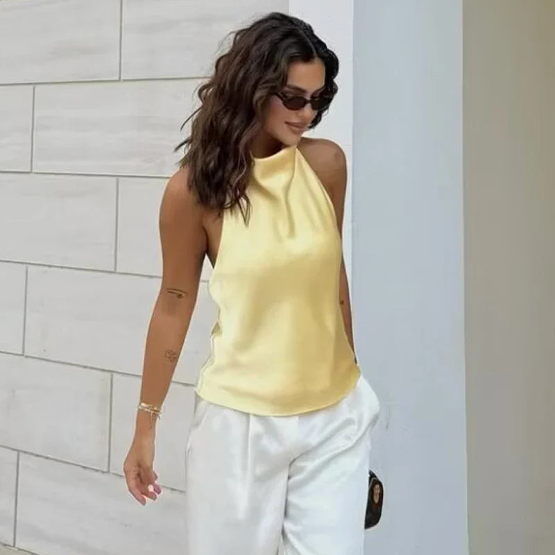 Top de corsé con halter de satén para mujer