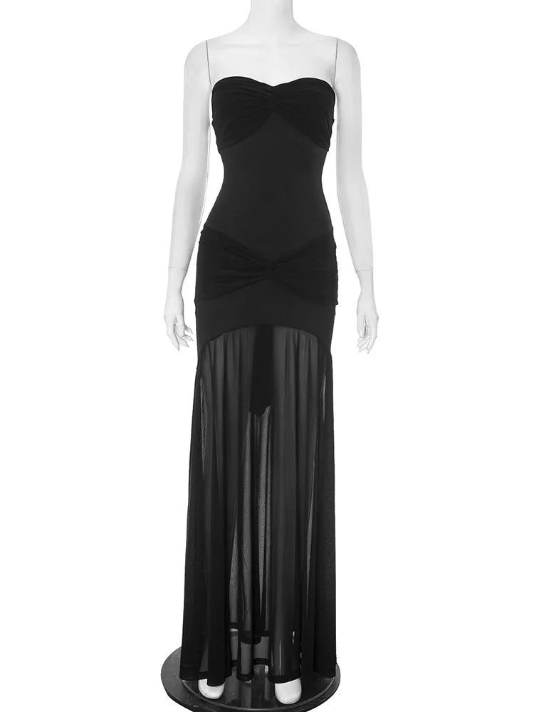 Vestido largo fruncido sin tirantes para mujer
