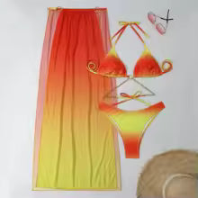 Conjunto de Bikini, Falda Maxi con Abertura, Estilo Halter Triangular, Degradado Transparente, Ropa de Playa Estilo Urbano