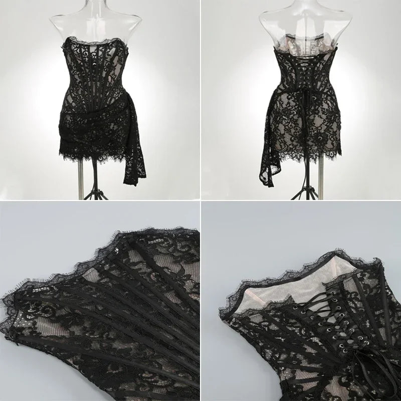 Vestido de noche de encaje sin tirantes para mujer