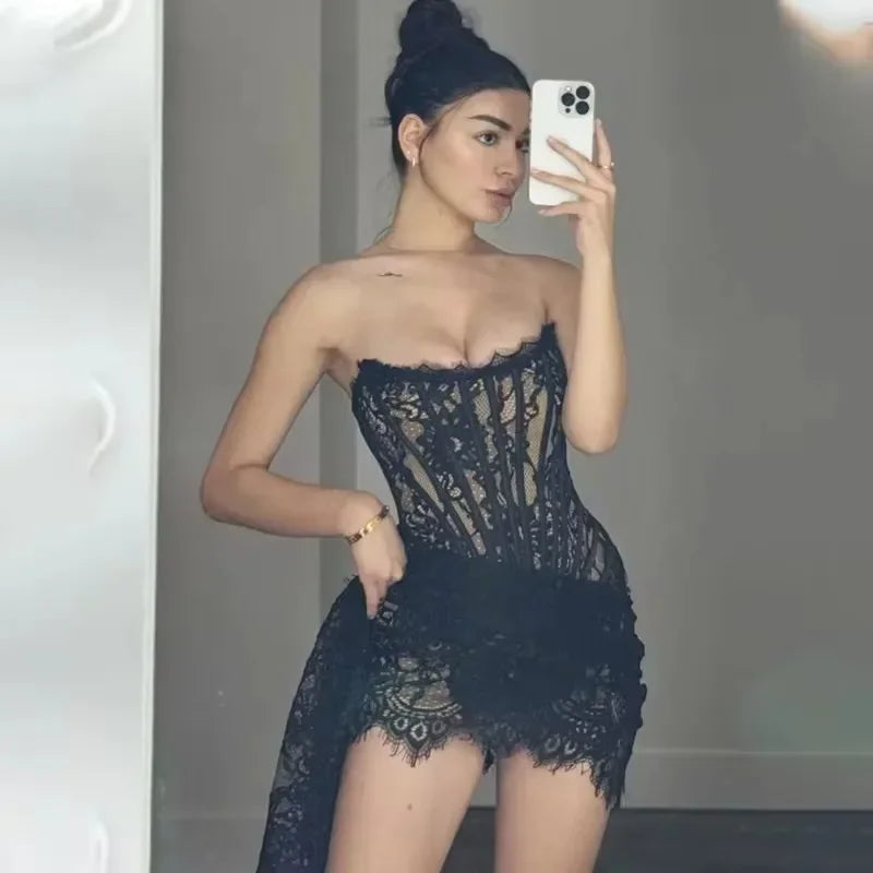 Vestido de noche de encaje sin tirantes para mujer