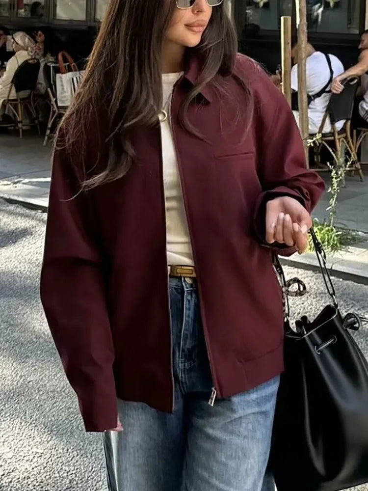 Chaqueta con cremallera de lona burdeos