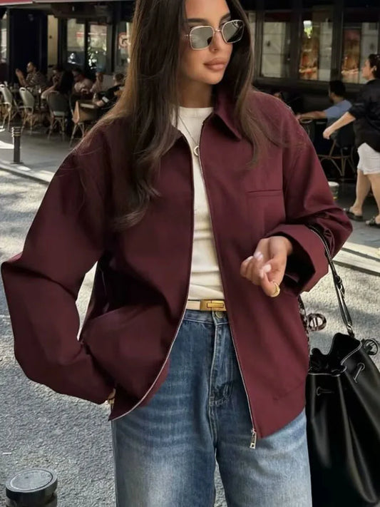 Chaqueta con cremallera de lona burdeos