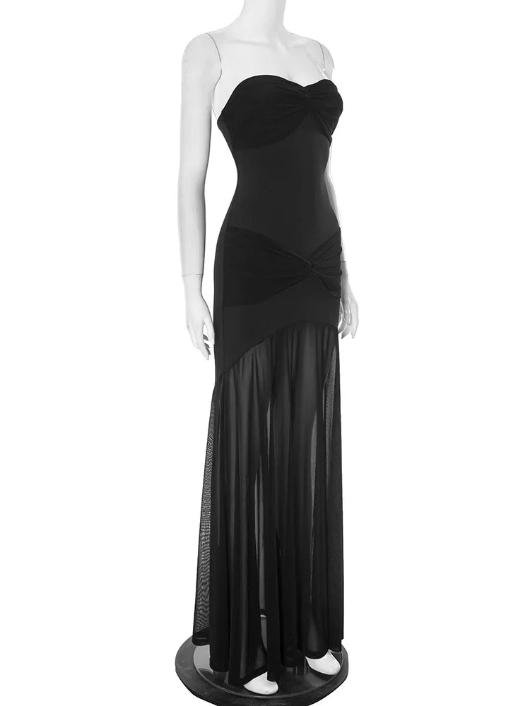 Vestido largo fruncido sin tirantes para mujer