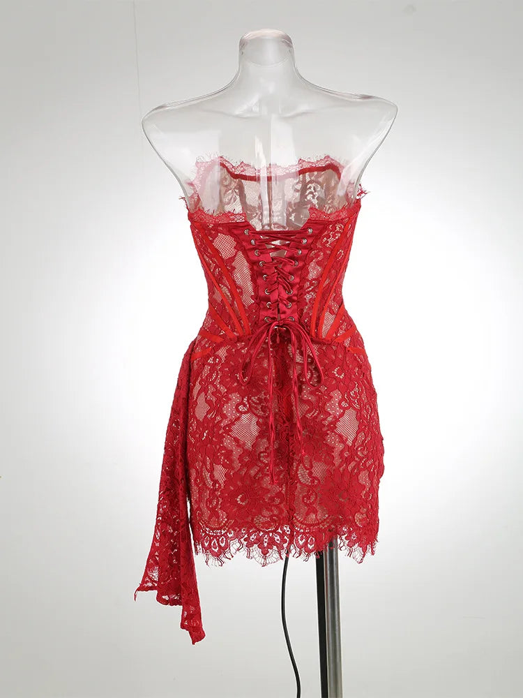 Vestido de noche de encaje sin tirantes para mujer
