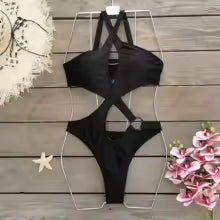 Traje de baño de una pieza con aberturas YY515 negro, monokini halter con anillo en O