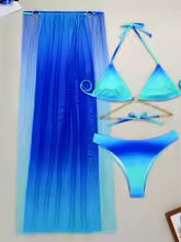 Conjunto de Bikini, Falda Maxi con Abertura, Estilo Halter Triangular, Degradado Transparente, Ropa de Playa Estilo Urbano