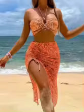 Bikini cruzado con cuello Halter para mujer, traje de baño vinculado con anillo, Vestido de playa con cordón
