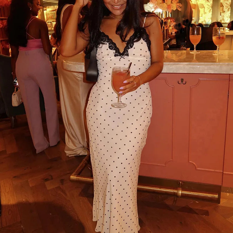 Vestido largo de encaje con cuello en V para mujer
