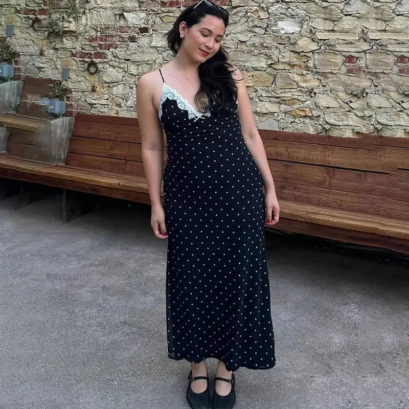 Vestido largo de encaje con cuello en V para mujer