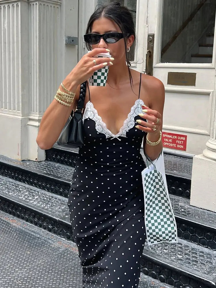 Vestido largo de encaje con cuello en V para mujer