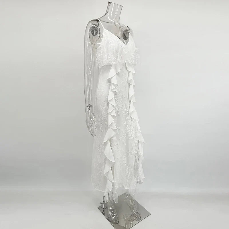 Vestido largo con tirantes con volantes para mujer