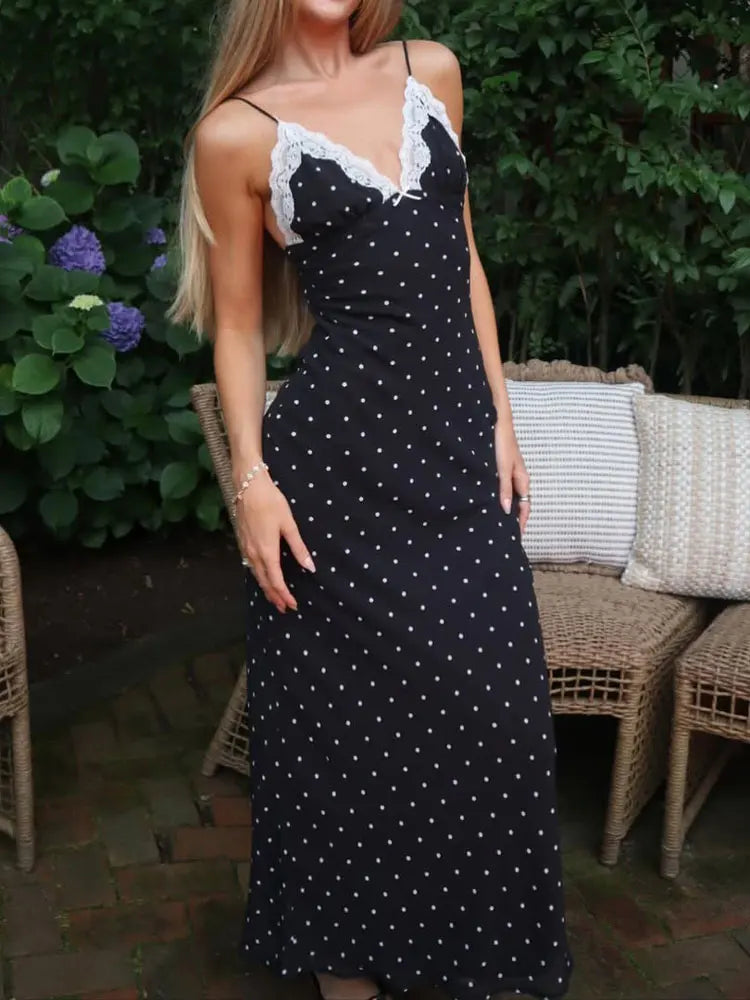 Vestido largo de encaje con cuello en V para mujer