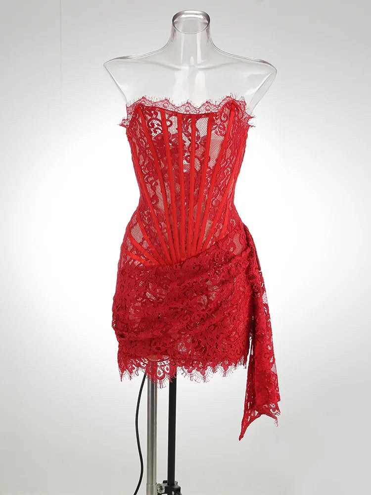 Vestido de noche de encaje sin tirantes para mujer