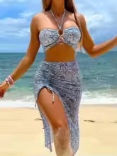 Bikini cruzado con cuello Halter para mujer, traje de baño vinculado con anillo, Vestido de playa con cordón