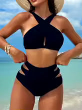 Conjunto de bikini a juego para vacaciones con cuello halter de color sólido y bañador Conjunto de bikini de dos piezas, playa de verano