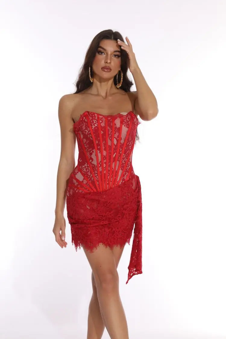 Vestido de noche de encaje sin tirantes para mujer