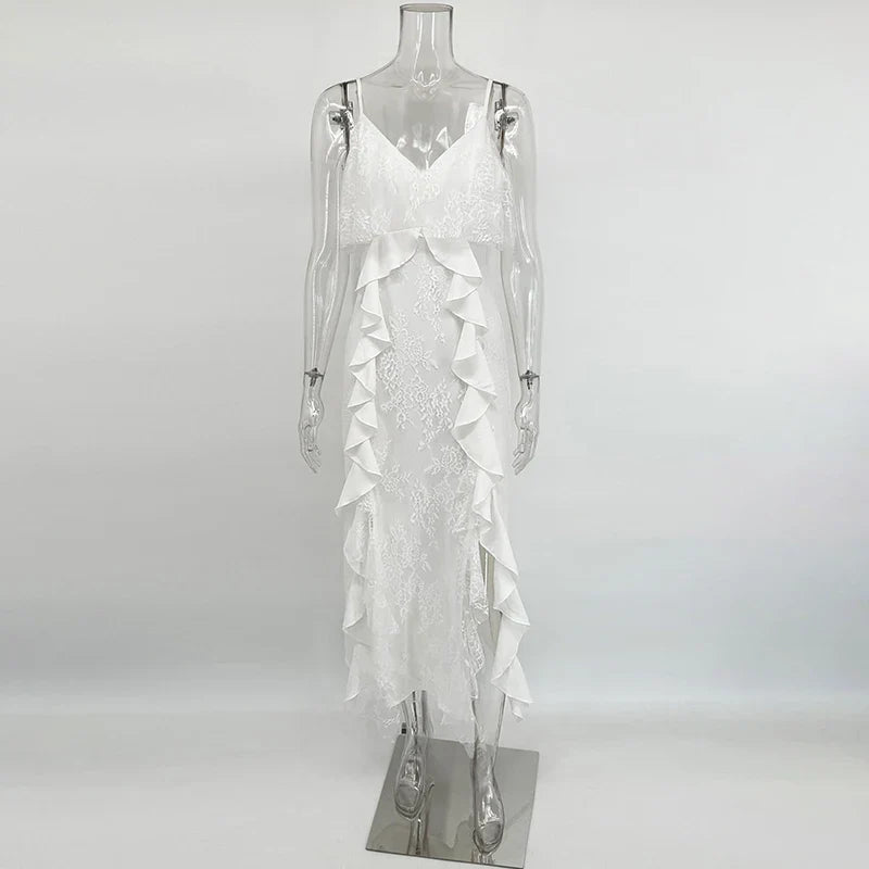 Vestido largo con tirantes con volantes para mujer
