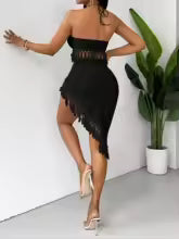 Bikini con borlas para mujer, traje de baño de 2 piezas, trajes de baño para mujer, Top con cuello Halter, falda con abertura larga, conjunto de ropa de playa, trajes de baño