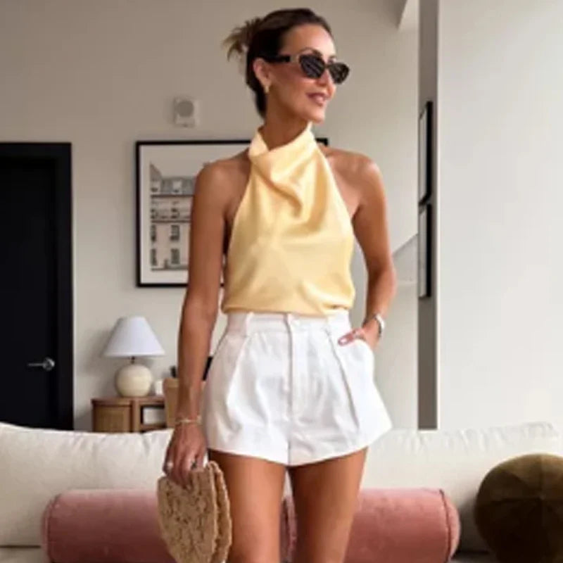 Top de corsé con halter de satén para mujer