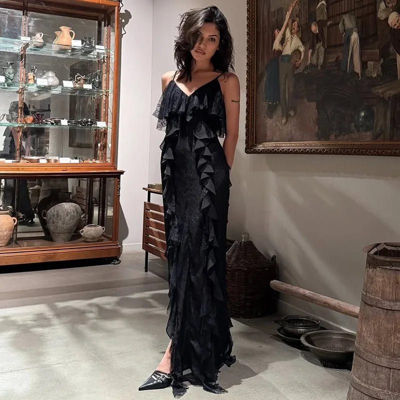 Vestido largo con tirantes con volantes para mujer