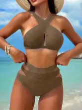 Conjunto de bikini a juego para vacaciones con cuello halter de color sólido y bañador Conjunto de bikini de dos piezas, playa de verano