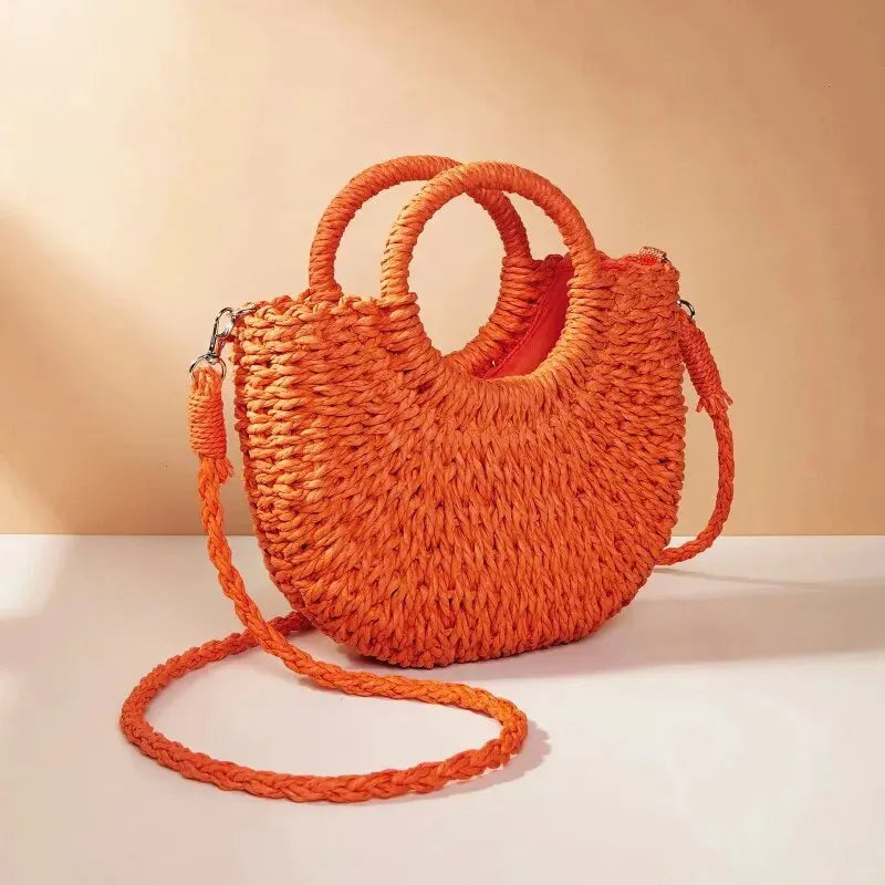 Bolso bandolera de ratán de paja de media luna