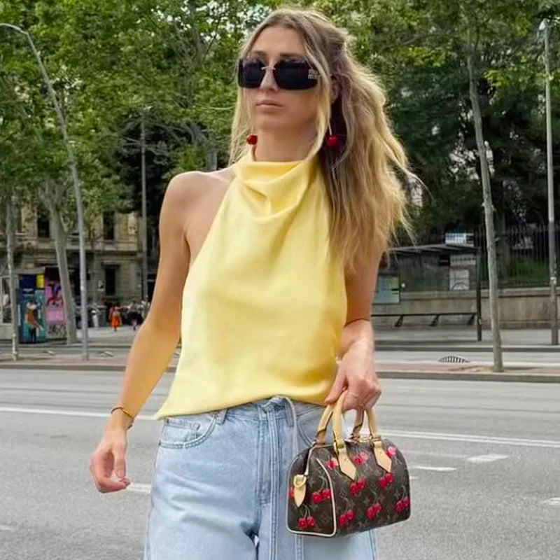 Top de corsé con halter de satén para mujer