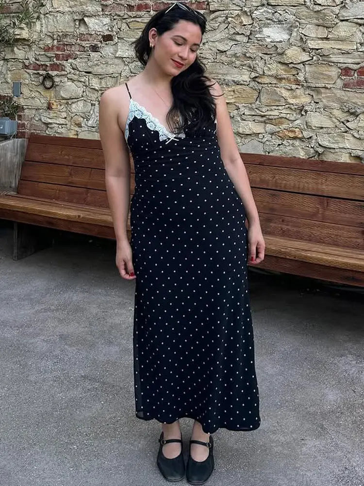 Vestido largo de encaje con cuello en V para mujer