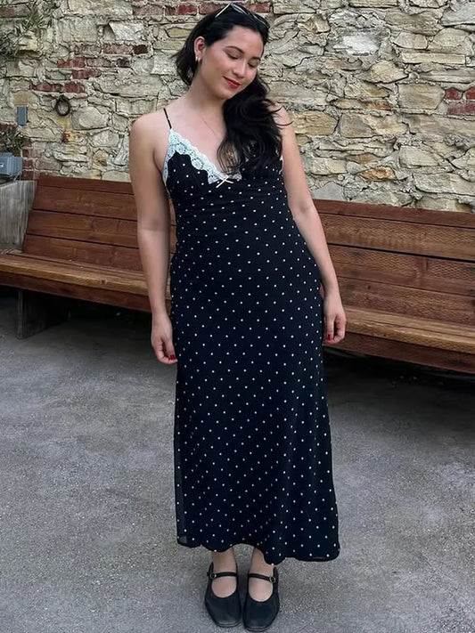 Vestido largo de encaje con cuello en V para mujer