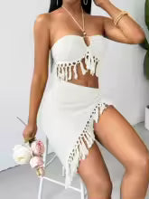 Bikini con borlas para mujer, traje de baño de 2 piezas, trajes de baño para mujer, Top con cuello Halter, falda con abertura larga, conjunto de ropa de playa, trajes de baño