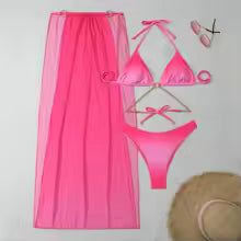Conjunto de Bikini, Falda Maxi con Abertura, Estilo Halter Triangular, Degradado Transparente, Ropa de Playa Estilo Urbano