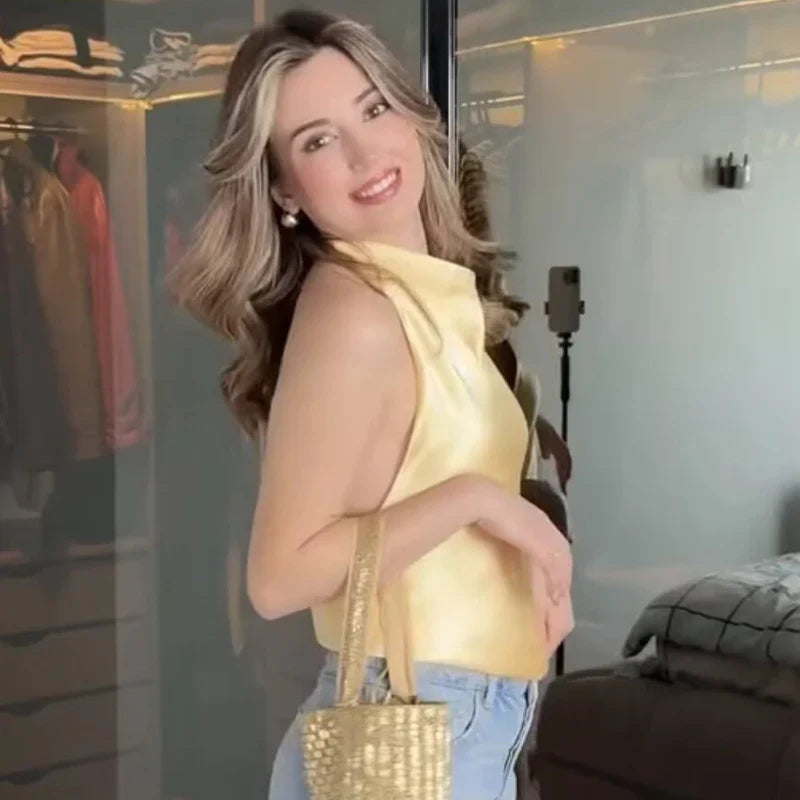 Top de corsé con halter de satén para mujer