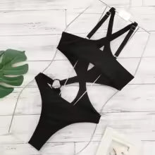 Traje de baño de una pieza con aberturas YY515 negro, monokini halter con anillo en O