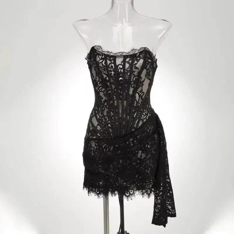 Vestido de noche de encaje sin tirantes para mujer