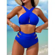 Conjunto de bikini a juego para vacaciones con cuello halter de color sólido y bañador Conjunto de bikini de dos piezas, playa de verano