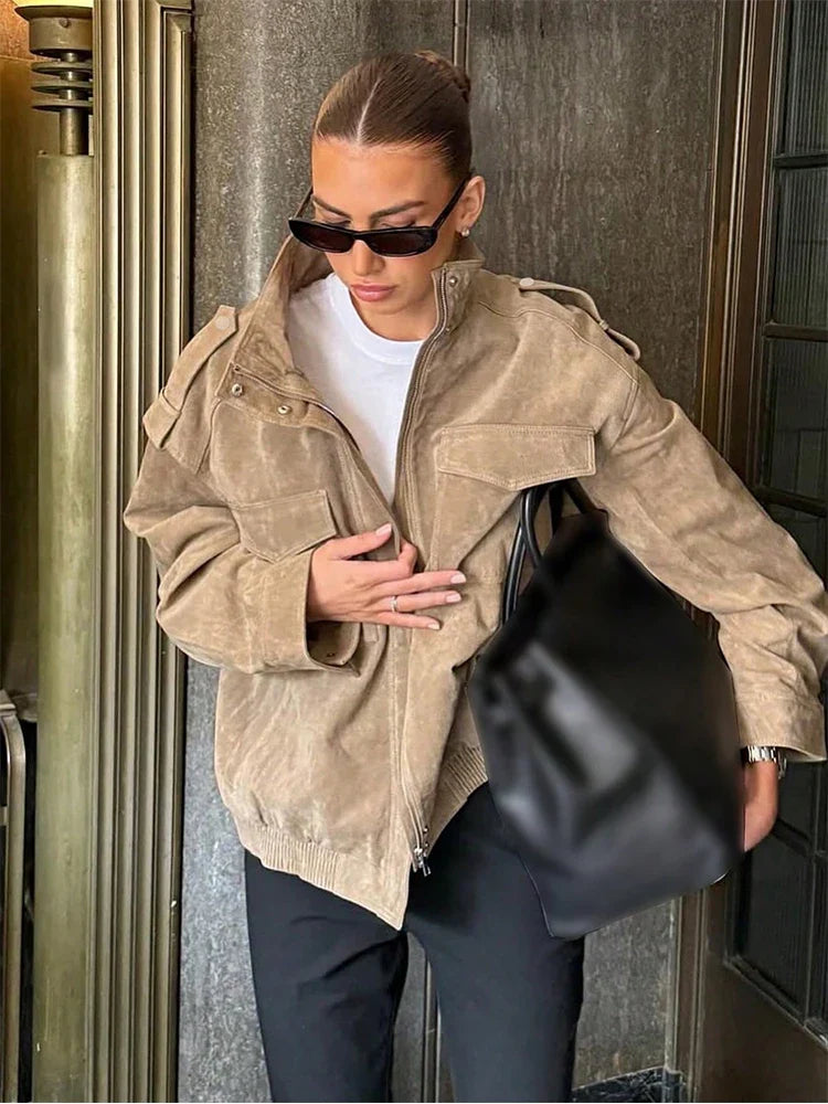 Chaqueta de ante de lujo con cremallera