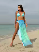Conjunto de Bikini, Falda Maxi con Abertura, Estilo Halter Triangular, Degradado Transparente, Ropa de Playa Estilo Urbano